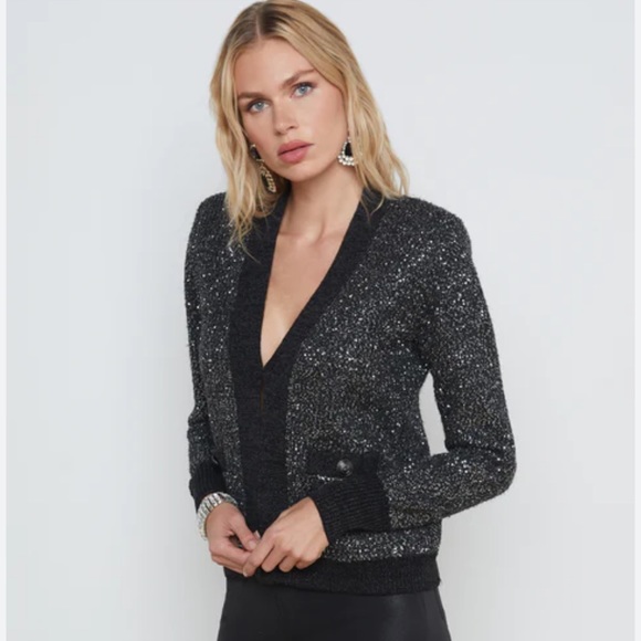 L'Agence Black Jinny Sequin Cardigan - Picture 2 of 12